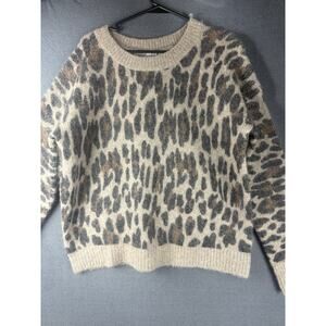 Rails Women L Beige Black Leopard Knit Sweater Alpaca Wool Crew Neck Pullover